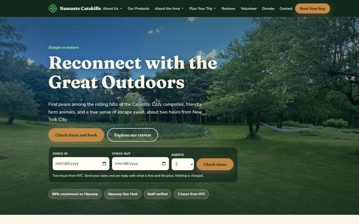 Screenshot of the Namaste Catskills website