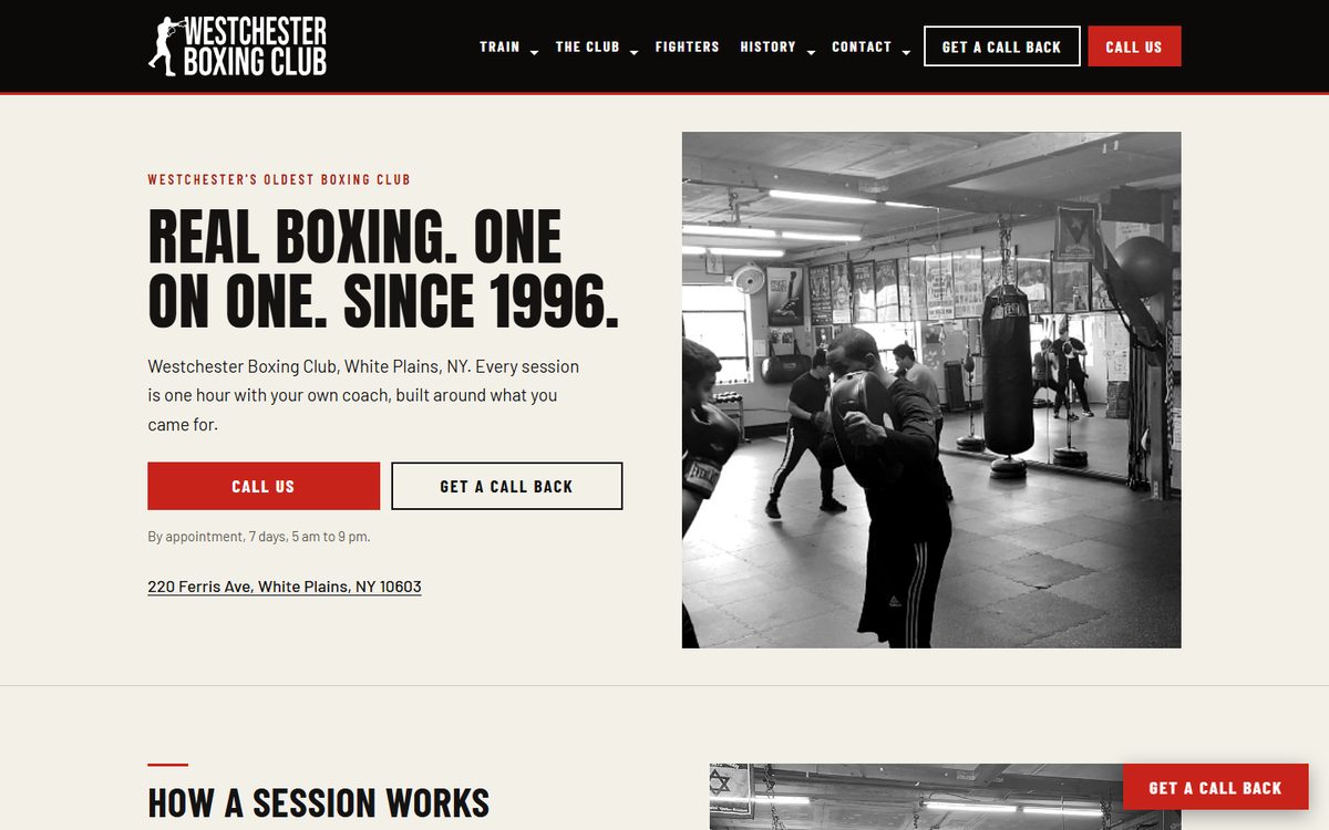 Screenshot of the Westchester Boxing Club website, preview build