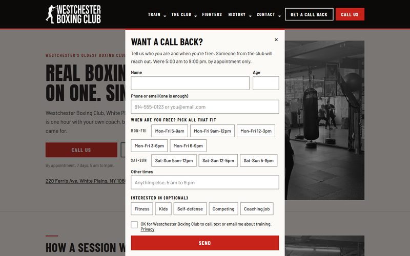 Screenshot of the Westchester Boxing Club call-back form open over the home page